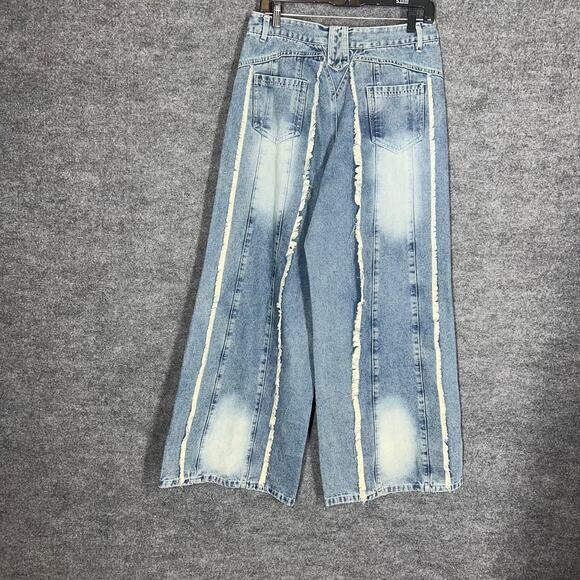 Wide Leg Jeans Womens Large Blue Denim Fringe Frayed Streetwear Baggy Distressed - Picture 5 of 12